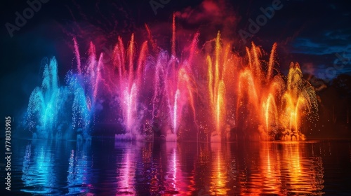 Brilliant bursts of neon light erupting like fireworks against a midnight sky, filling the darkness with vibrant color