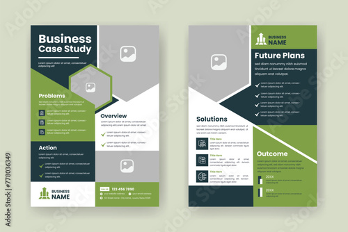 Case Study Layout Flyer. Minimalist Business Report with Simple Design. Green and Black Color Accent.