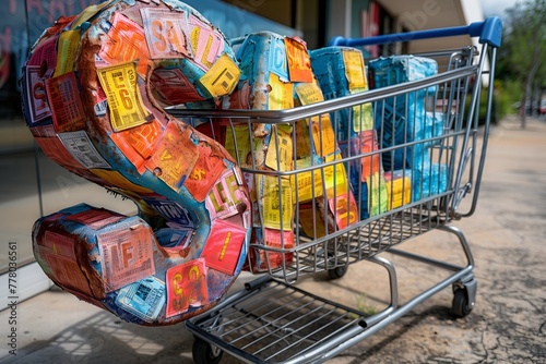 A colorful sale sign in a shopping cart, artistically embellished with crushed tin cans.