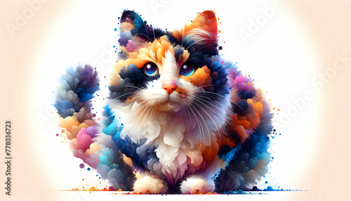 3d flat icon as Calico Canvas A calico cat colorful fur patterns in a watercolor masterpiece. in watercolor pet theme theme with isolated white background ,Full depth of field, high quality ,include c