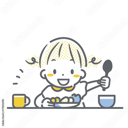 楽しく食事をする子供　女の子　シンプルでお洒落な線画イラスト