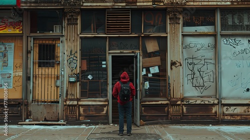 A person standing in front of a closed store, illustrating economic instability and poverty.