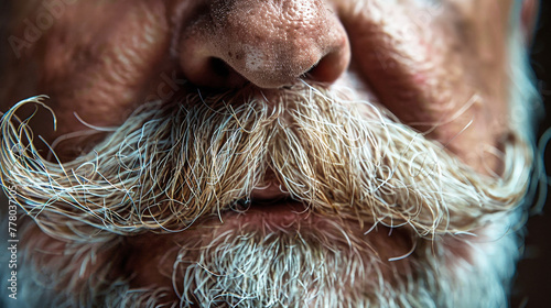 A detailed close-up of a mans face, highlighting his distinctive moustache and beard photo