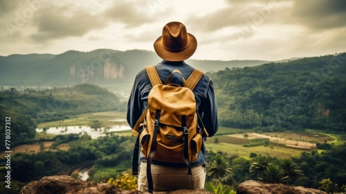 Solitary Explorer Contemplating Vast Mountain Landscape. Generative ai