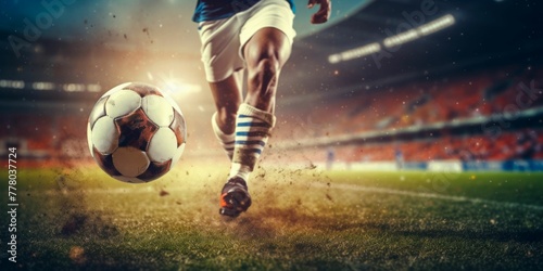 Dynamic Soccer Player Kicking Ball on the Field. Generative ai © Yevheniiya