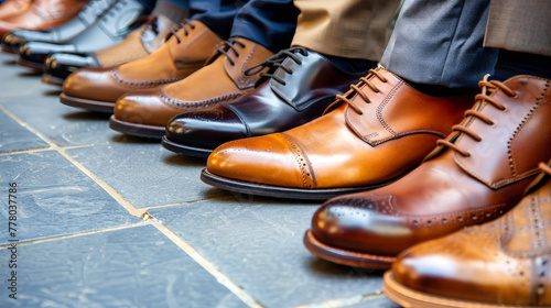A row of mens business shoes lined up neatly on a sidewalk, waiting to step into action