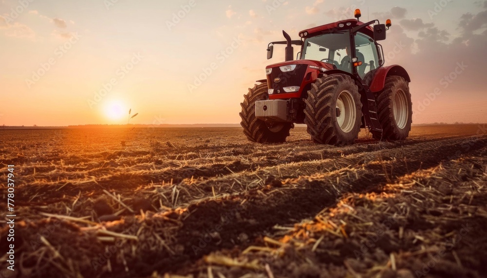 Sunset Over the Farmland with Tractor at Work. Generative ai Sunset Over the Farmland with Tractor at Work. Generative ai