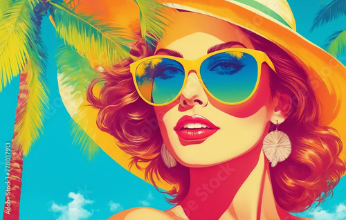 Pop art retro style portrait of a beautiful woman with sunglasses on a palm tree summer beach vibe background