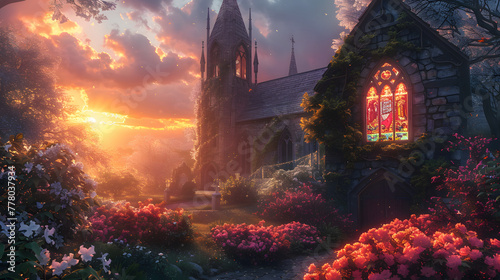 Majestic sunrise over an Easter church photo