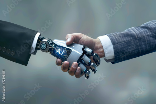 Businessman and robot AI artificial intelligence shaking hands, Dynamic relationship between human and AI innovation.