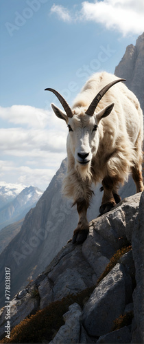 for advertisement and banner as Alpine Adventure A mountain goat navigates steep alpine cliffs showcasing agility and survival. in Pet Behavior theme ,Full depth of field, high quality ,include copy s photo