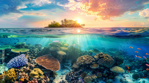 Coral reef in foreground with small tropical island visible in the distance, showcasing underwater ecosystem and marine life © Anoo