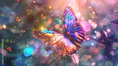 photo realistic in oracle card style holographic butterfly and dragonfly in cloud in holographic forest realistic colorful hi-res glitter using these colors
