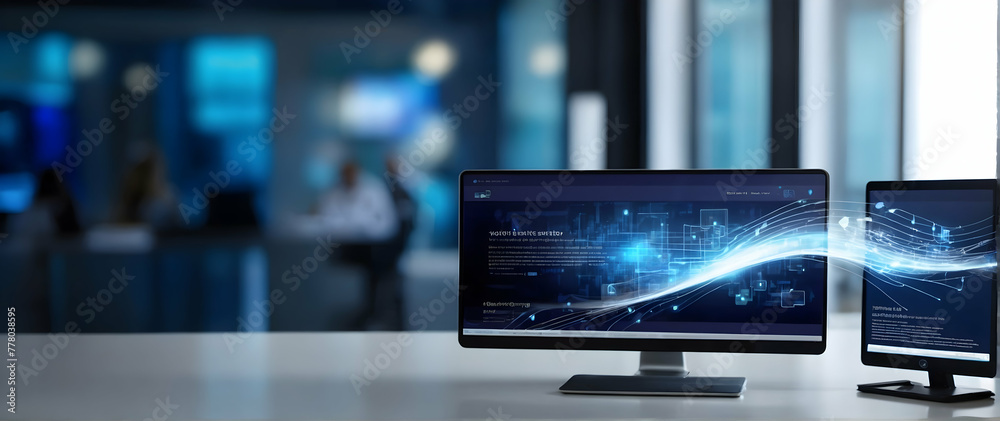 for advertisement and banner as Digital Dynamics Showcasing the fluidity of tech in modern business operations. in technology in business theme ,Full depth of field, high quality ,include copy space o for advertisement and banner as Digital Dynamics Showcasing the fluidity of tech in modern business operations. in technology in business theme ,Full depth of field, high quality ,include copy space o