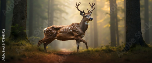 for advertisement and banner as Forest Frolic A deer prances in the forest embodying the spirit of the wild. in Pet Behavior theme ,Full depth of field, high quality ,include copy space on left, No no © Gohgah