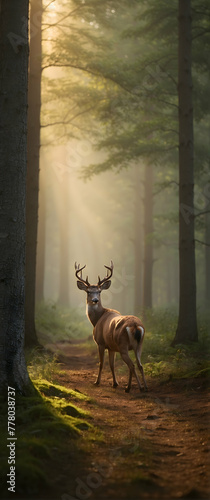 for advertisement and banner as Forest Frolic A deer prances in the forest embodying the spirit of the wild. in Pet Behavior theme ,Full depth of field, high quality ,include copy space on left, No no