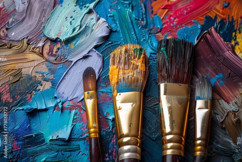Colorful Paint and Brushes on Artist's Palette photo