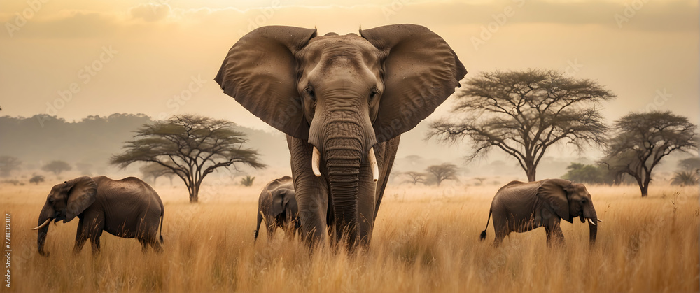 for advertisement and banner as Savannah Stroll Elephants roaming the savannah embodying the spirit of the grasslands. in Pet Behavior theme ,Full depth of field, high quality ,include copy space on l