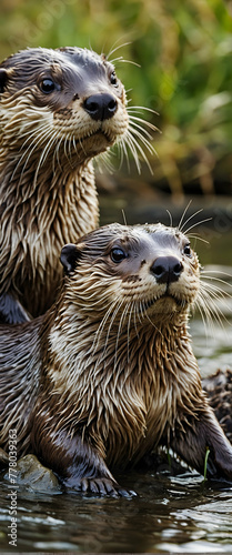 for advertisement and banner as River Rendezvous Otters by the riverbank showcasing the social and playful side of riverine animals. in Pet Behavior theme ,Full depth of field, high quality ,include c © Gohgah