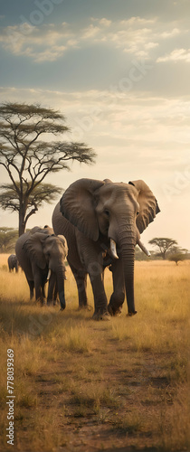 for advertisement and banner as Savannah Stroll Elephants roaming the savannah embodying the spirit of the grasslands. in Pet Behavior theme ,Full depth of field, high quality ,include copy space on l © Gohgah