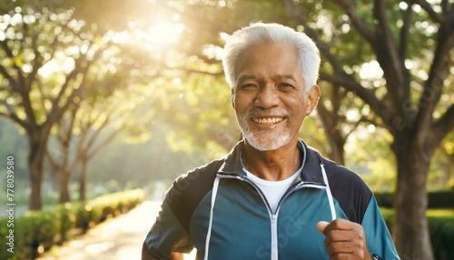 Senior man proves age is just number as he jogs energetically through scenic park. Sunlight filters through trees highlighting his athletic form, epitomizing active, healthy lifestyle in older age 