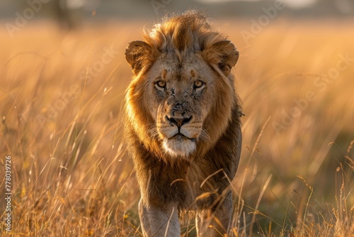 Majestic Lion in Golden Hour Grassland