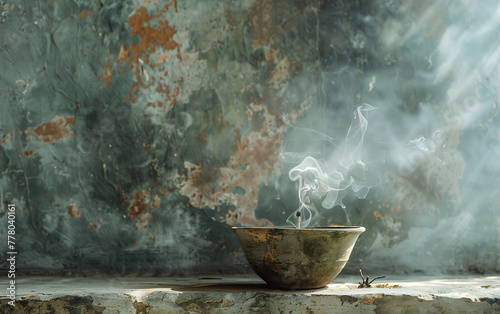 clay bowl with incense smoking, incense sticks on the side, wall of plaster