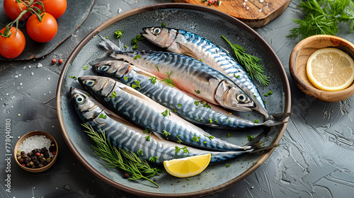 Raw mackerel fish with pieces of lemon and dill on plate