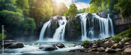 Photo real as Cascading Elegance A breathtaking waterfall panorama showcasing nature grandeur. in nature and landscapes theme  for advertisement and banner  Full depth of field  high quality  include 