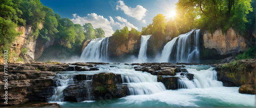 Photo real as Cascading Elegance A breathtaking waterfall panorama showcasing nature grandeur. in nature and landscapes theme ,for advertisement and banner ,Full depth of field, high quality ,include 