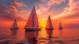 group of sailboats sailing on sea at sunset, beautiful red and orange sky colors