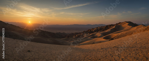 Photo real as Desert Dusk The desert sunset casts a golden glow over an untouched landscape. in nature and landscapes theme ,for advertisement and banner ,Full depth of field, high quality ,include co