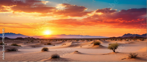 Photo real as Desert Radiance The vibrant hues of a desert landscape at sunset. in nature and landscapes theme ,for advertisement and banner ,Full depth of field, high quality ,include copy space on l