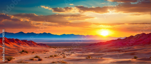 Photo real as Desert Radiance The vibrant hues of a desert landscape at sunset. in nature and landscapes theme ,for advertisement and banner ,Full depth of field, high quality ,include copy space on l