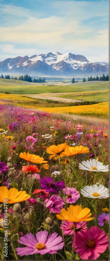 Photo real as Floral Fields A field of wildflowers captured in vibrant watercolor. in nature and landscapes theme ,for advertisement and banner ,Full depth of field, high quality ,include copy space o