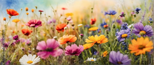 Photo real as Floral Fields A field of wildflowers captured in vibrant watercolor. in nature and landscapes theme  for advertisement and banner  Full depth of field  high quality  include copy space o