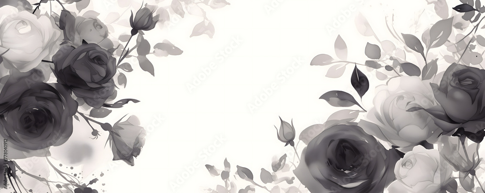 Beautiful black roses watercolor background with empty copy space for text. Funeral invitation design. Condolences card - obrazy, fototapety, plakaty 
