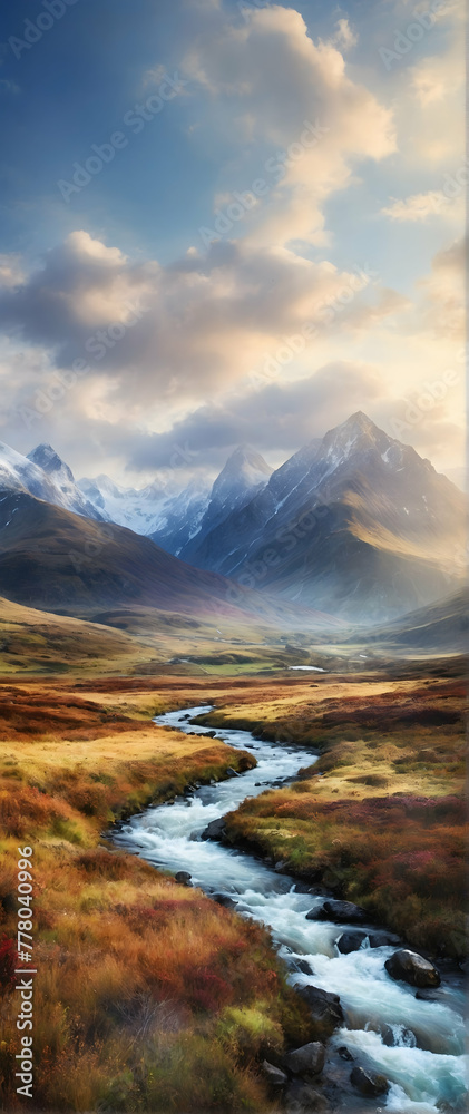 Photo real as Highland Harmony A harmonious blend of watercolor highland terrains. in nature and landscapes theme ,for advertisement and banner ,Full depth of field, high quality ,include copy space o