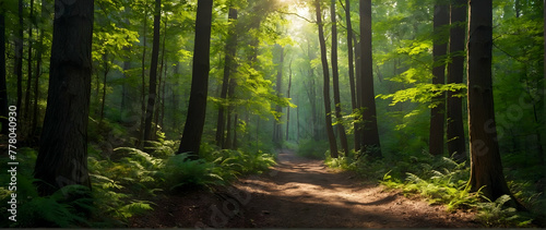 Photo real as Forest Whispers A secluded forest trail dappled with sunlight. in nature and landscapes theme ,for advertisement and banner ,Full depth of field, high quality ,include copy space on left