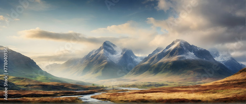 Photo real as Highland Harmony A harmonious blend of watercolor highland terrains. in nature and landscapes theme ,for advertisement and banner ,Full depth of field, high quality ,include copy space o © Gohgah
