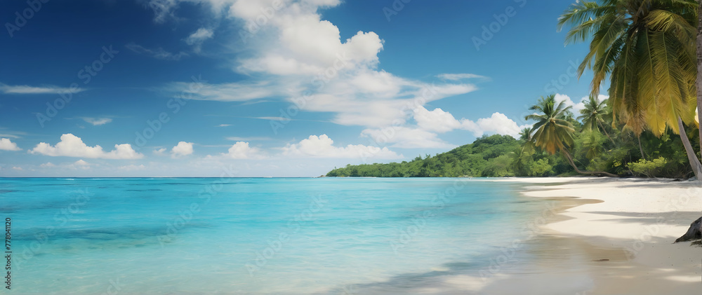 Photo real as Island Serenity Unwind on a tropical beach with azure waters and golden sands. in nature and landscapes theme ,for advertisement and banner ,Full depth of field, high quality ,include co