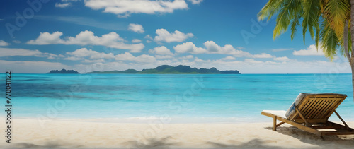 Photo real as Island Serenity Unwind on a tropical beach with azure waters and golden sands. in nature and landscapes theme ,for advertisement and banner ,Full depth of field, high quality ,include co © Gohgah