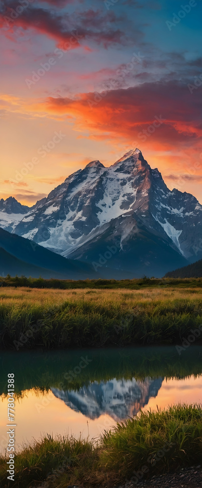 Photo real as Mountain Majesty Majestic peaks painted in sunrise hues invite adventure. in nature and landscapes theme ,for advertisement and banner ,Full depth of field, high quality ,include copy sp