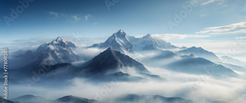 Photo real as Misty Mountains Mysterious fog enveloping a mountain range. in nature and landscapes theme ,for advertisement and banner ,Full depth of field, high quality ,include copy space on left, N © Gohgah