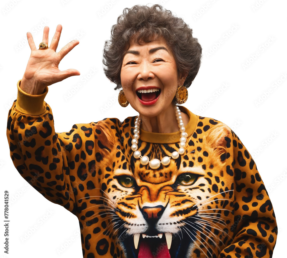 Fototapeta premium Osaka’s auntie wearing a leopard print sweatshirt isolated on a transparent background.