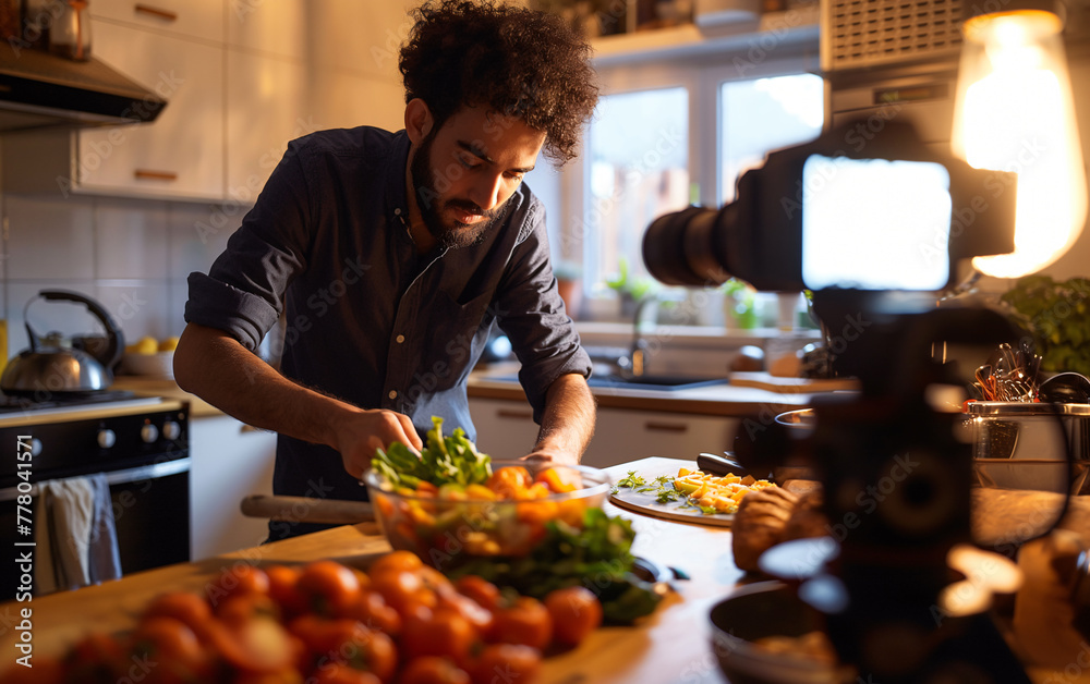 Fototapeta premium Food Influencer while recording a video recipe