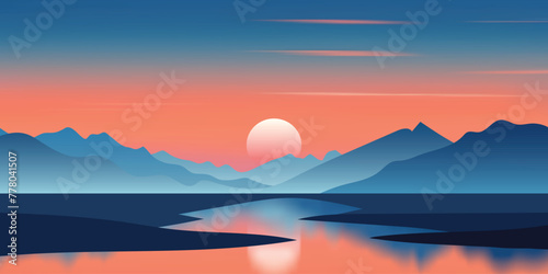 Mountain lake at sunset, dramatic sky, scenic reflection, vector illustration