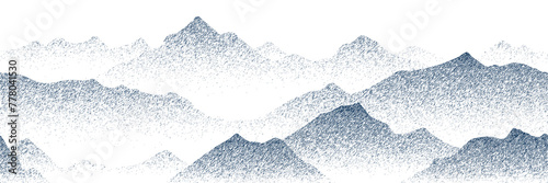 Drawing of mountain isolated on white background, stroke texture, imitation engraving, vector design	