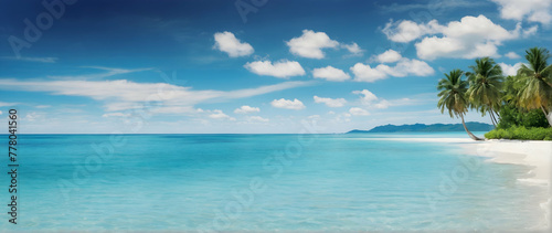 Photo real as Seaside Serenity A tranquil tropical beach where the azure sky kisses the ocean. in nature and landscapes theme ,for advertisement and banner ,Full depth of field, high quality ,include 