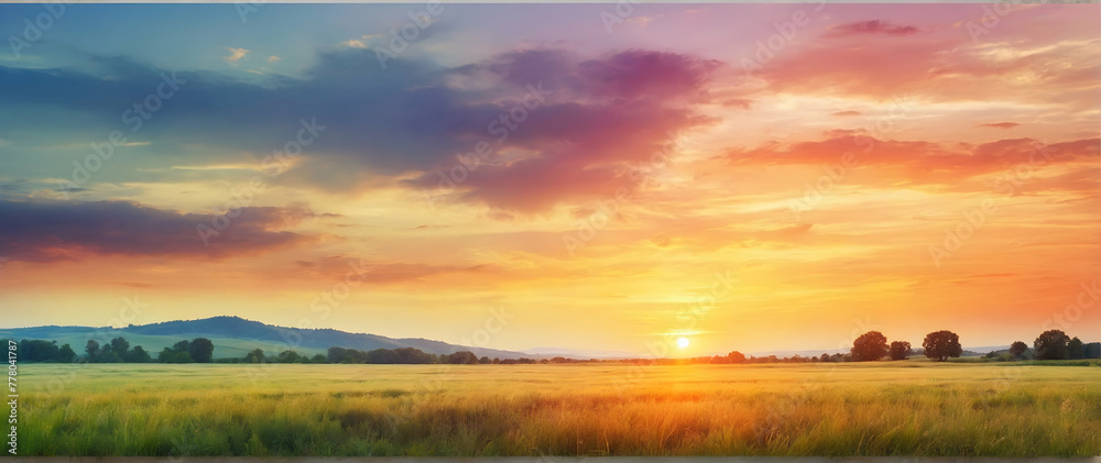 Photo real as Summer Solace A watercolor sunset over a serene summer meadow. in nature and landscapes theme ,for advertisement and banner ,Full depth of field, high quality ,include copy space on left Photo real as Summer Solace A watercolor sunset over a serene summer meadow. in nature and landscapes theme ,for advertisement and banner ,Full depth of field, high quality ,include copy space on left